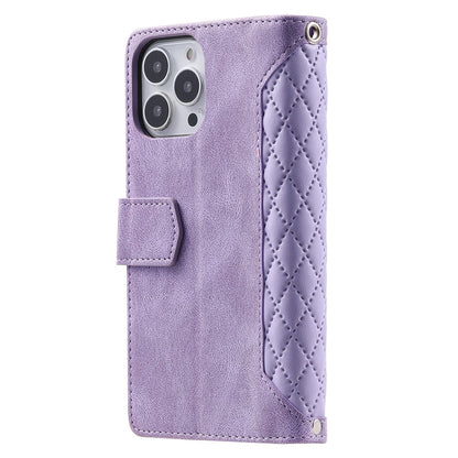 Zippered Wallet Phone Cover for iPhone 15 Pro PU Leather Flip Cover Rhombus Texture Anti-Drop Phone Case with Strap