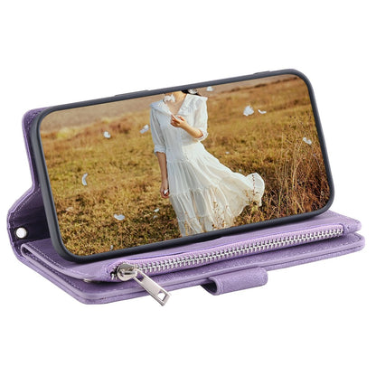 Zippered Wallet Phone Cover for iPhone 15 Pro PU Leather Flip Cover Rhombus Texture Anti-Drop Phone Case with Strap