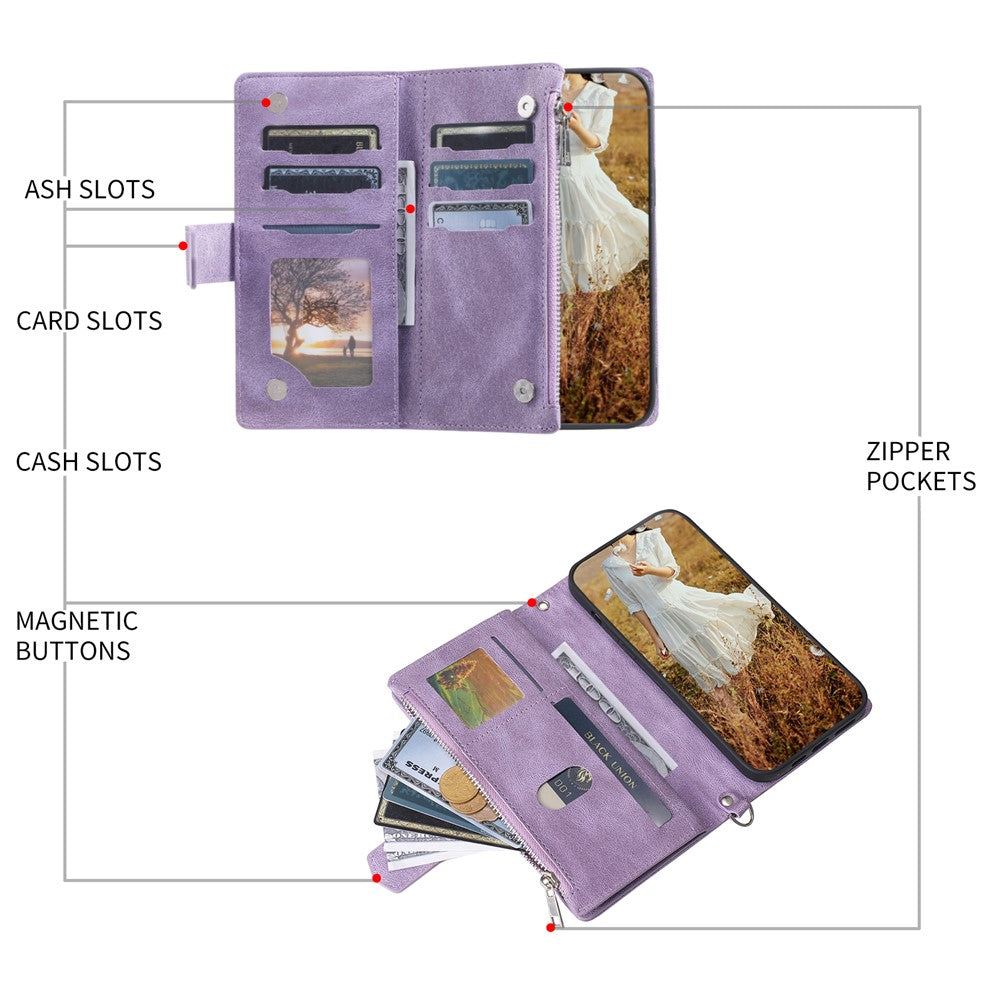 Zippered Wallet Phone Cover for iPhone 15 Pro PU Leather Flip Cover Rhombus Texture Anti-Drop Phone Case with Strap