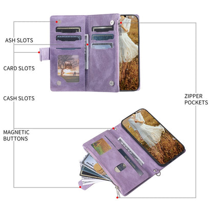 Zippered Wallet Phone Cover for iPhone 15 Pro PU Leather Flip Cover Rhombus Texture Anti-Drop Phone Case with Strap