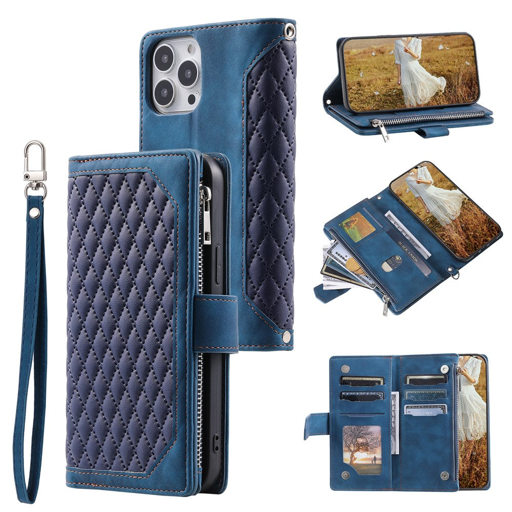 Zippered Wallet Phone Cover for iPhone 15 Pro PU Leather Flip Cover Rhombus Texture Anti-Drop Phone Case with Strap