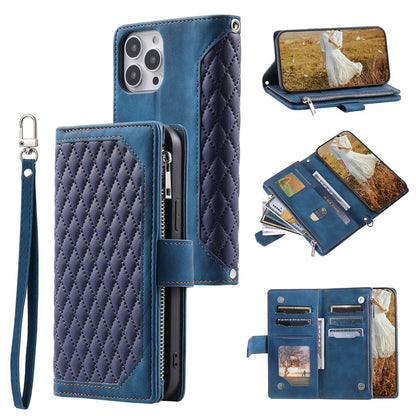 Zippered Wallet Phone Cover for iPhone 15 Pro PU Leather Flip Cover Rhombus Texture Anti-Drop Phone Case with Strap