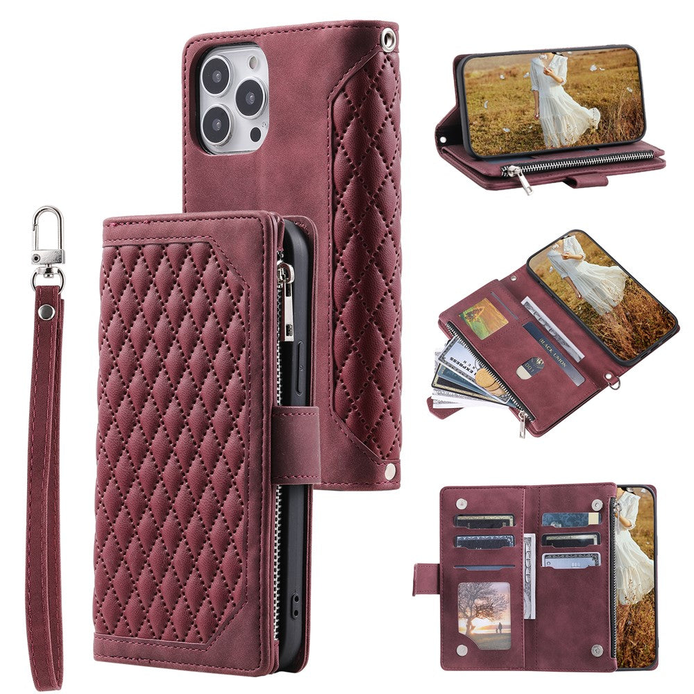 Zippered Wallet Phone Cover for iPhone 15 Pro PU Leather Flip Cover Rhombus Texture Anti-Drop Phone Case with Strap