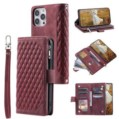 Zippered Wallet Phone Cover for iPhone 15 Pro PU Leather Flip Cover Rhombus Texture Anti-Drop Phone Case with Strap
