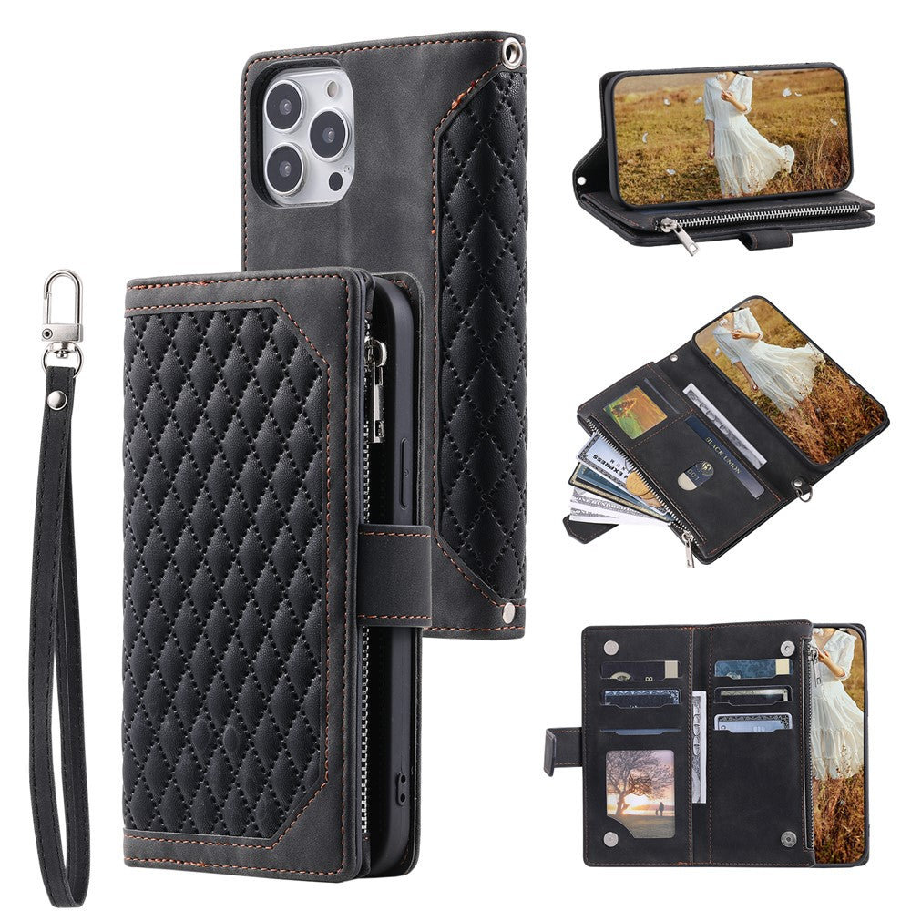 Zippered Wallet Phone Cover for iPhone 15 Pro PU Leather Flip Cover Rhombus Texture Anti-Drop Phone Case with Strap