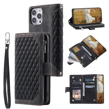 Zippered Wallet Phone Cover for iPhone 15 Pro PU Leather Flip Cover Rhombus Texture Anti-Drop Phone Case with Strap