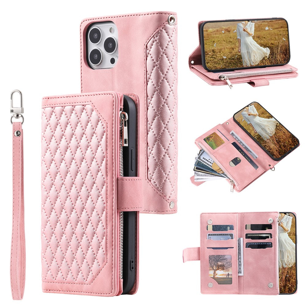 Zippered Wallet Phone Cover for iPhone 15 Pro PU Leather Flip Cover Rhombus Texture Anti-Drop Phone Case with Strap