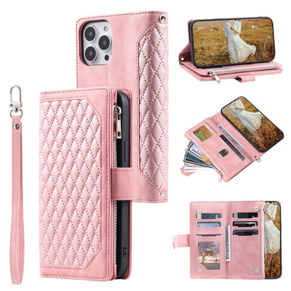 Zippered Wallet Phone Cover for iPhone 15 Pro PU Leather Flip Cover Rhombus Texture Anti-Drop Phone Case with Strap