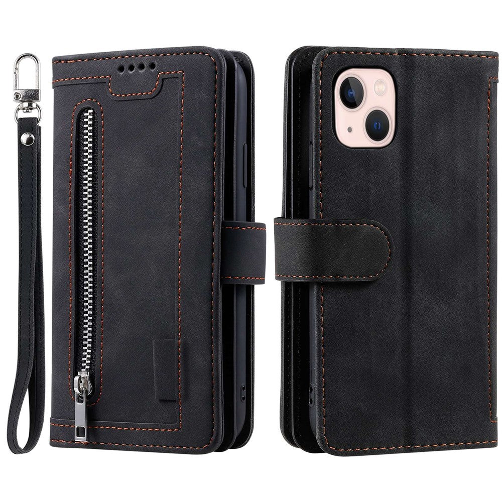For iPhone 15 Plus PU Leather Cover Zipper Pocket 9 Card Slots Protective Phone Case with Strap