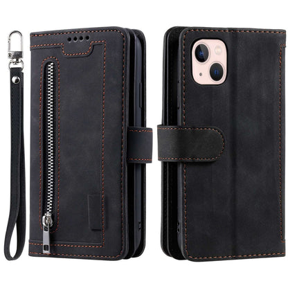 For iPhone 15 Plus PU Leather Cover Zipper Pocket 9 Card Slots Protective Phone Case with Strap