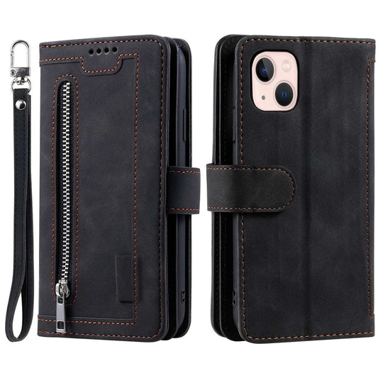 For iPhone 15 Plus PU Leather Cover Zipper Pocket 9 Card Slots Protective Phone Case with Strap