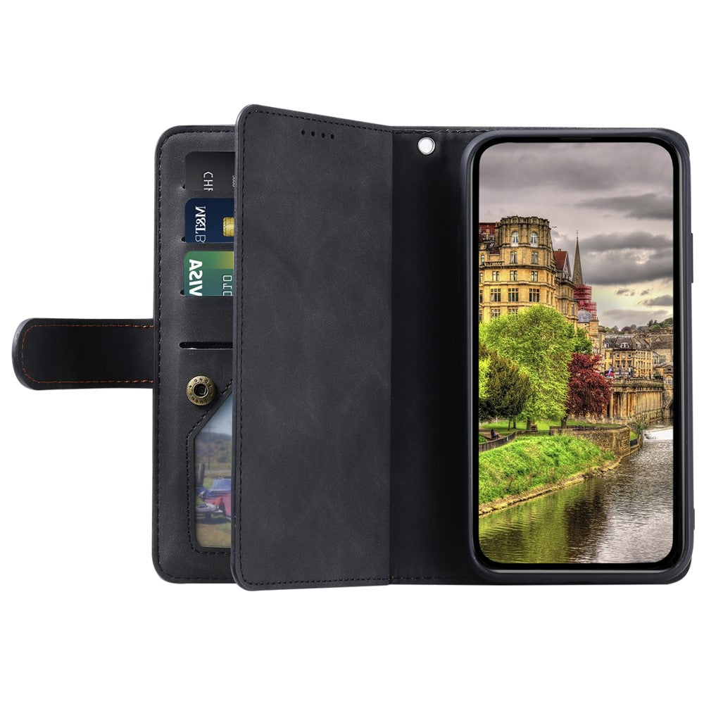 For iPhone 15 Plus PU Leather Cover Zipper Pocket 9 Card Slots Protective Phone Case with Strap