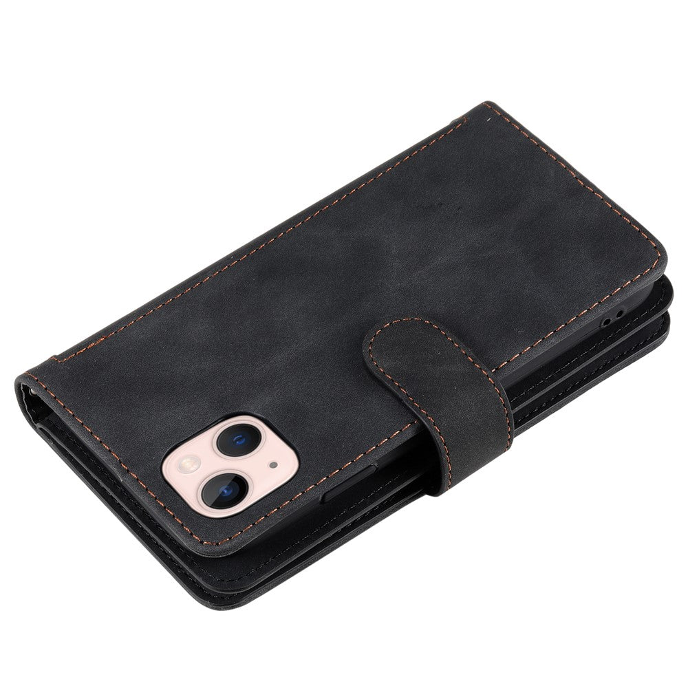 For iPhone 15 Plus PU Leather Cover Zipper Pocket 9 Card Slots Protective Phone Case with Strap