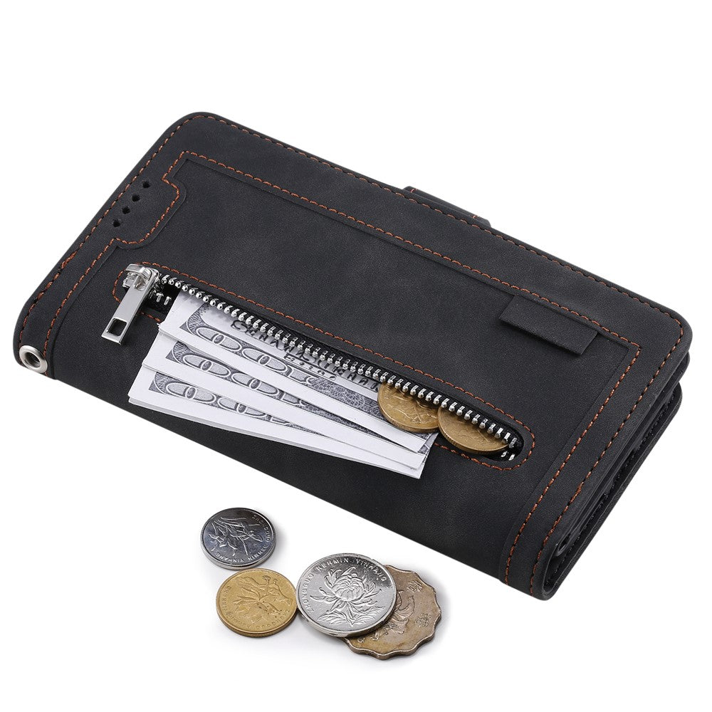 For iPhone 15 Plus PU Leather Cover Zipper Pocket 9 Card Slots Protective Phone Case with Strap