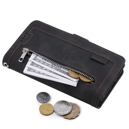 For iPhone 15 Plus PU Leather Cover Zipper Pocket 9 Card Slots Protective Phone Case with Strap