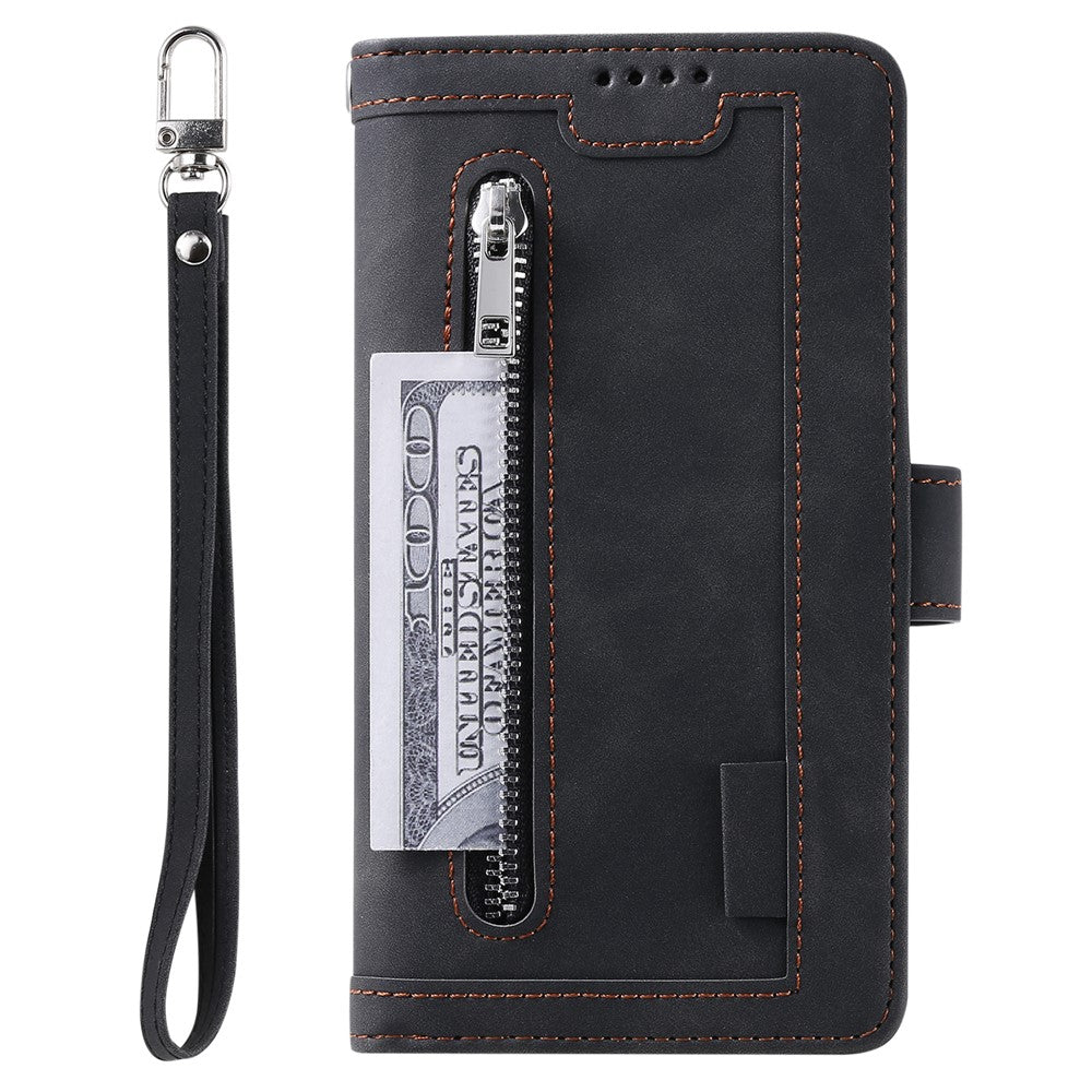 For iPhone 15 Plus PU Leather Cover Zipper Pocket 9 Card Slots Protective Phone Case with Strap