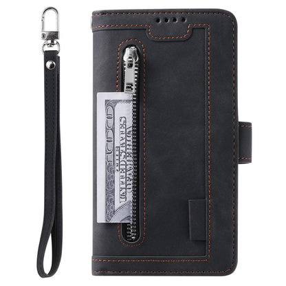 For iPhone 15 Plus PU Leather Cover Zipper Pocket 9 Card Slots Protective Phone Case with Strap