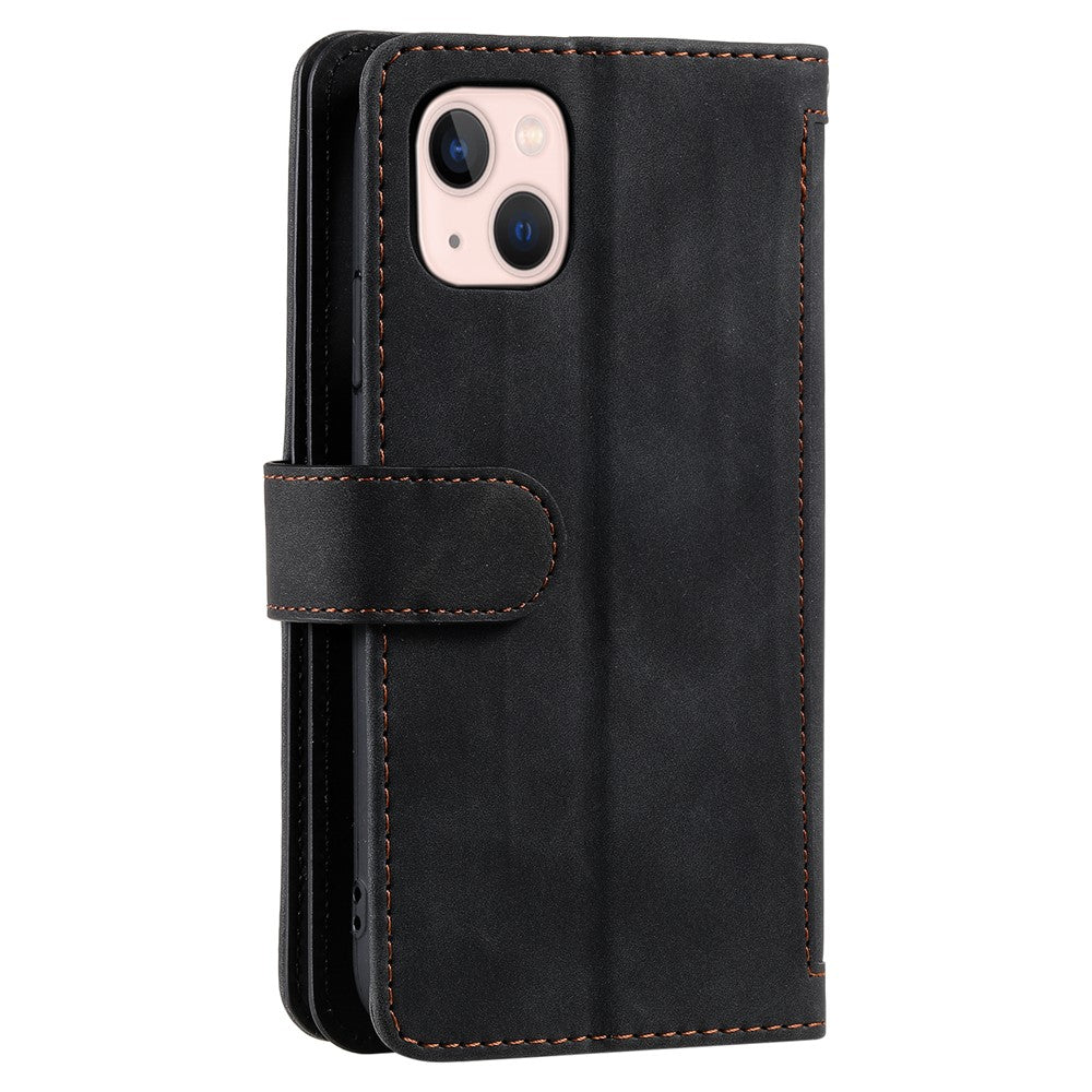 For iPhone 15 Plus PU Leather Cover Zipper Pocket 9 Card Slots Protective Phone Case with Strap