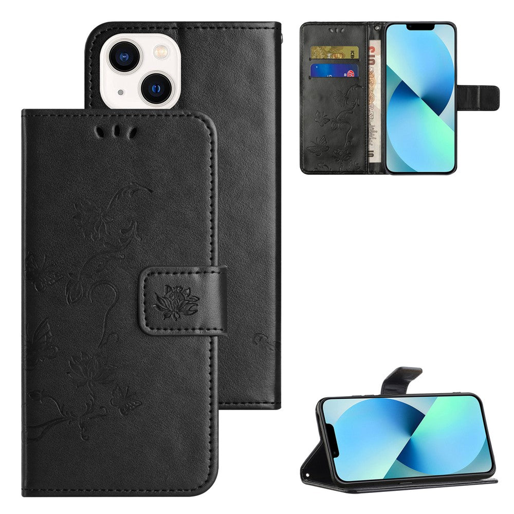 PU Leather Wallet Phone Case for iPhone 15 , Butterfly Flower Imprinted Stand Smartphone Cover
