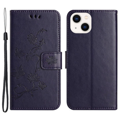 PU Leather Wallet Phone Case for iPhone 15 , Butterfly Flower Imprinted Stand Smartphone Cover