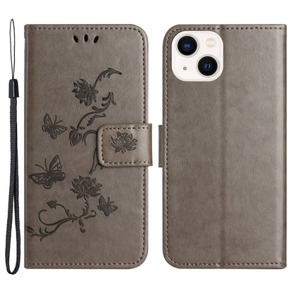 PU Leather Wallet Phone Case for iPhone 15 , Butterfly Flower Imprinted Stand Smartphone Cover