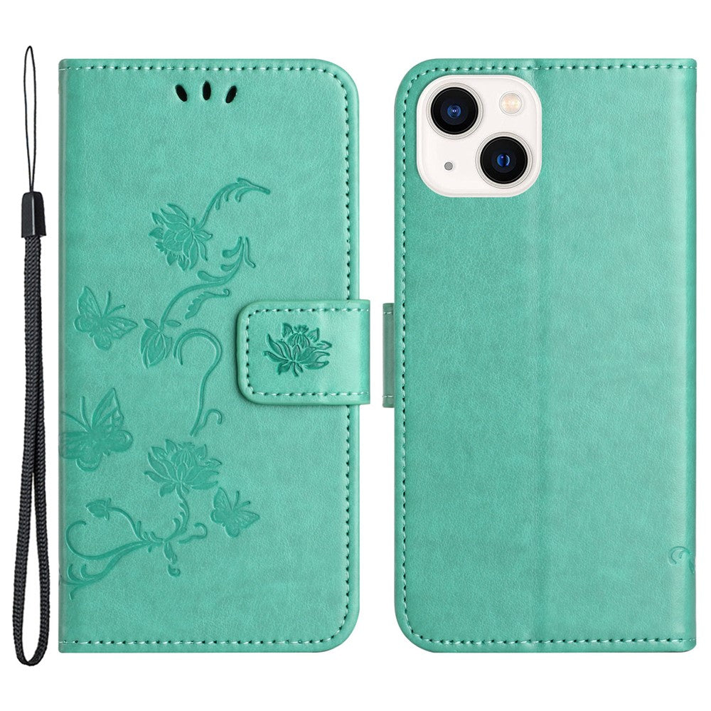 PU Leather Wallet Phone Case for iPhone 15 , Butterfly Flower Imprinted Stand Smartphone Cover