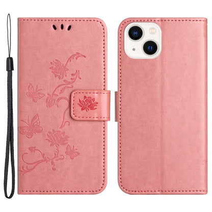 PU Leather Wallet Phone Case for iPhone 15 , Butterfly Flower Imprinted Stand Smartphone Cover