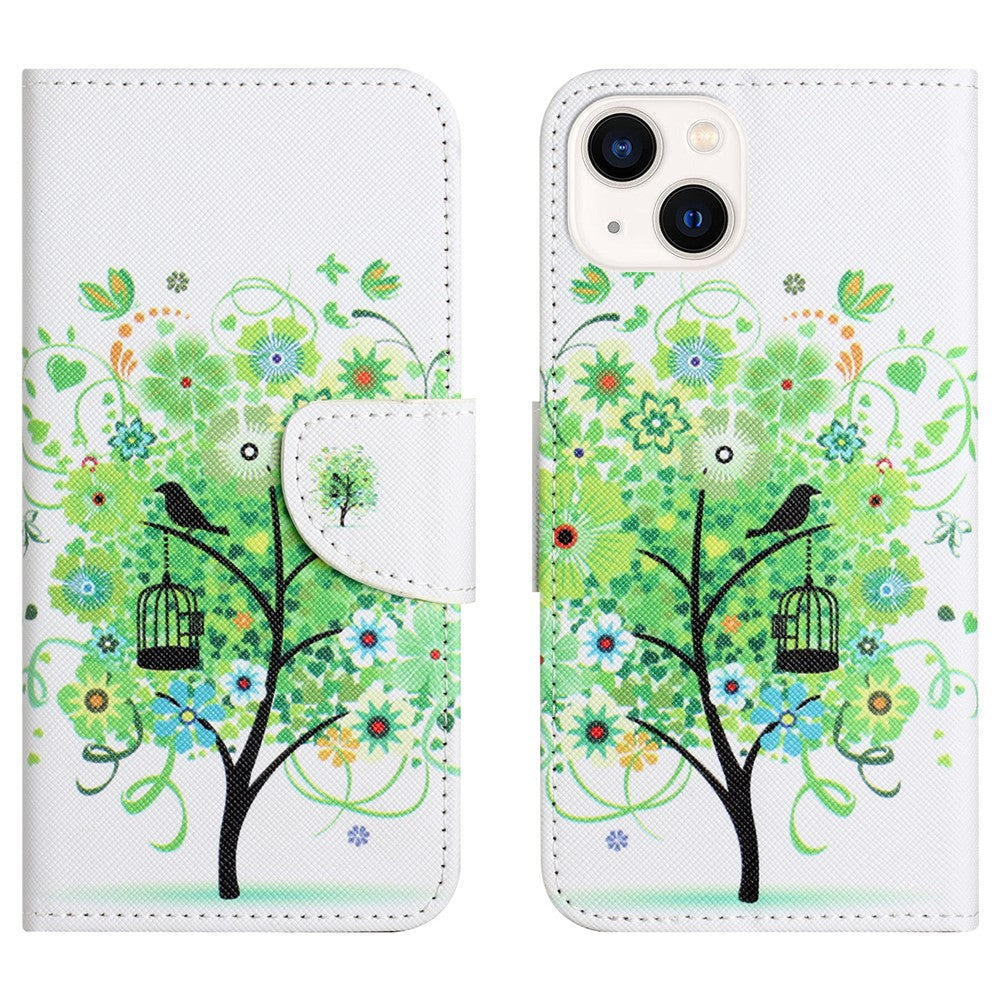 For iPhone 15 Cross Texture Leather Wallet Stand Case Pattern Printing Phone Cover