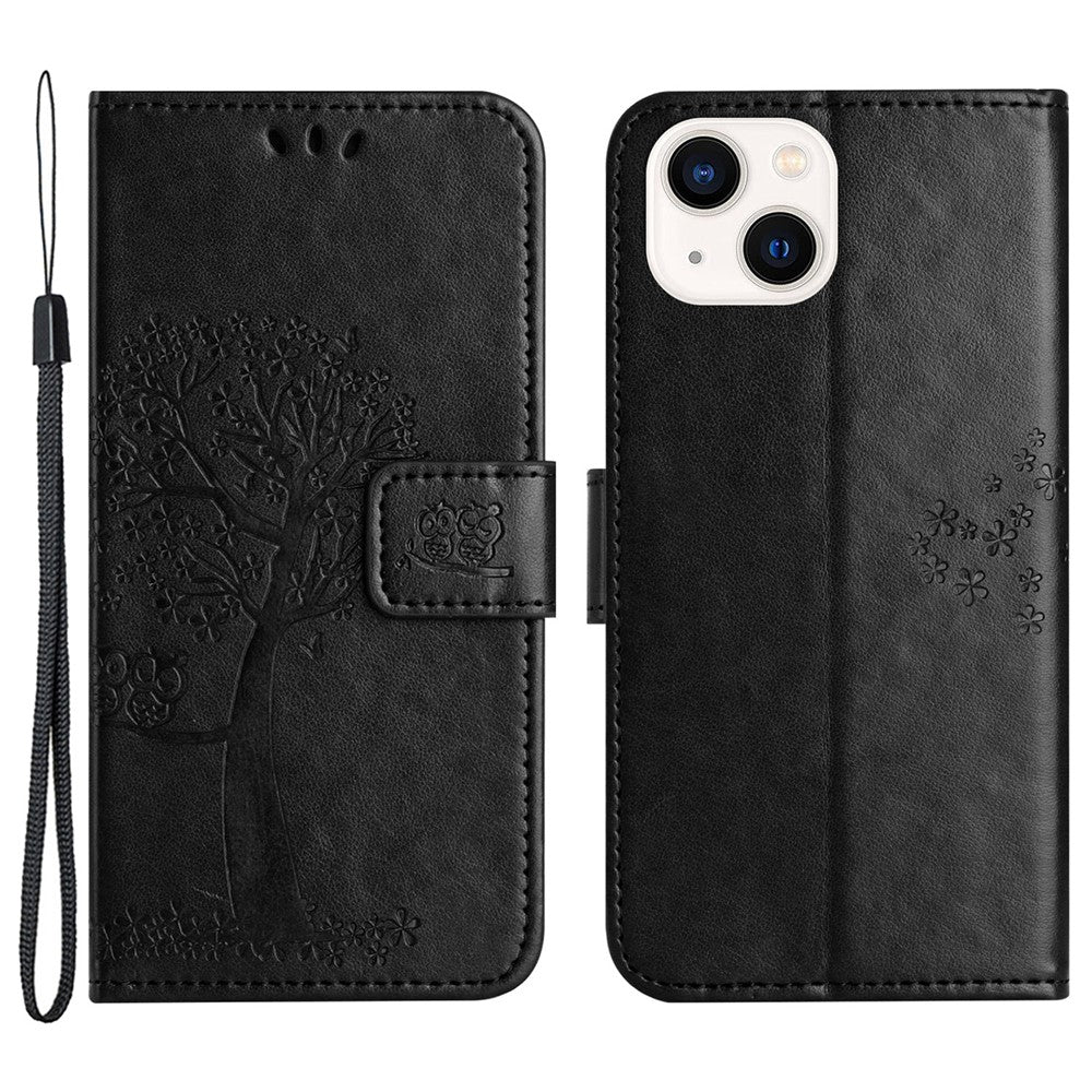For iPhone 15 Plus Stand Wallet Phone Cover PU Leather + TPU Owl Tree Imprinted Case