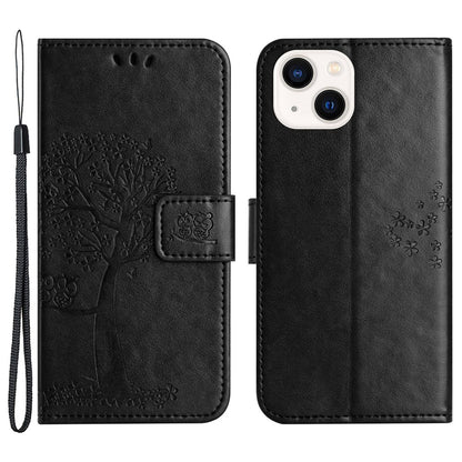 For iPhone 15 Plus Stand Wallet Phone Cover PU Leather + TPU Owl Tree Imprinted Case