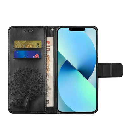 For iPhone 15 Plus Stand Wallet Phone Cover PU Leather + TPU Owl Tree Imprinted Case