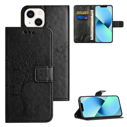 For iPhone 15 Plus Stand Wallet Phone Cover PU Leather + TPU Owl Tree Imprinted Case