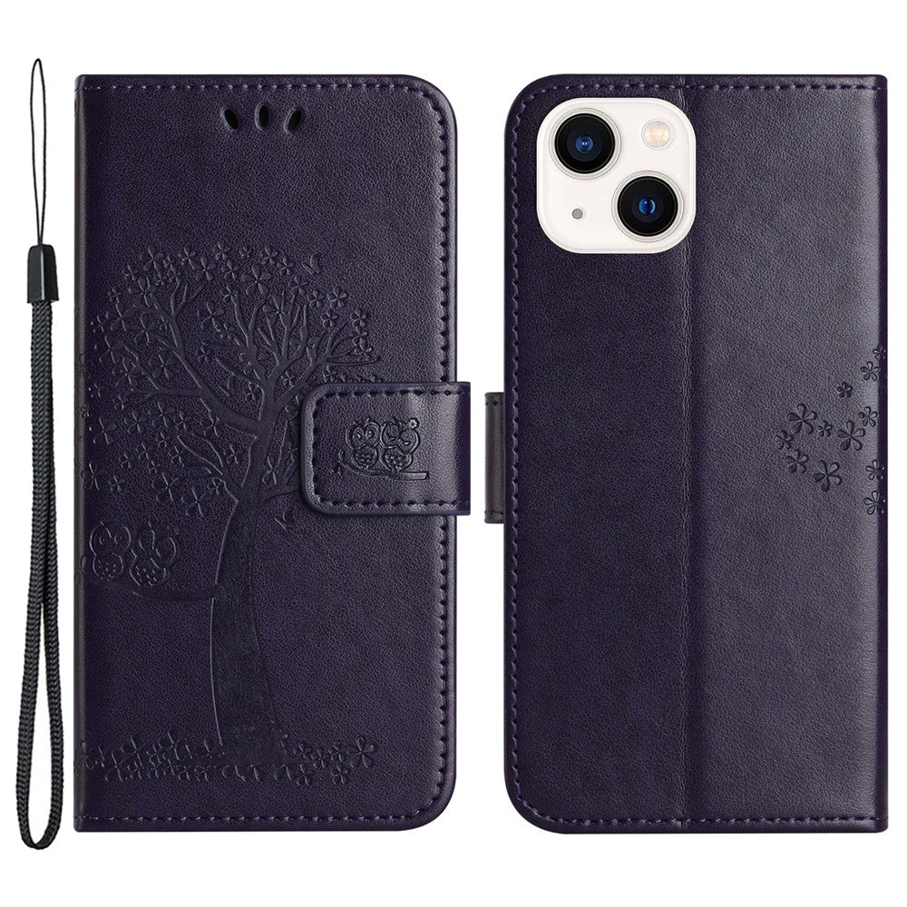 For iPhone 15 Plus Stand Wallet Phone Cover PU Leather + TPU Owl Tree Imprinted Case