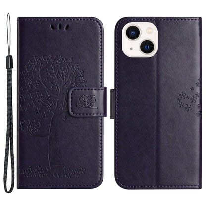 For iPhone 15 Plus Stand Wallet Phone Cover PU Leather + TPU Owl Tree Imprinted Case