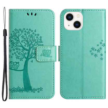 For iPhone 15 Plus Stand Wallet Phone Cover PU Leather + TPU Owl Tree Imprinted Case