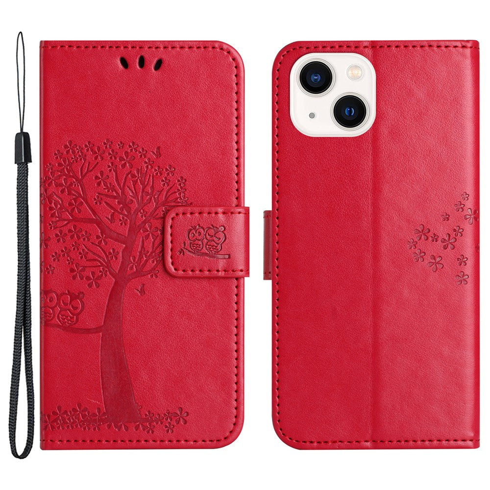 For iPhone 15 Plus Stand Wallet Phone Cover PU Leather + TPU Owl Tree Imprinted Case