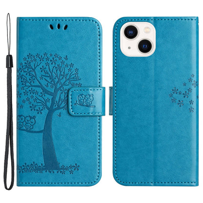 For iPhone 15 Plus Stand Wallet Phone Cover PU Leather + TPU Owl Tree Imprinted Case
