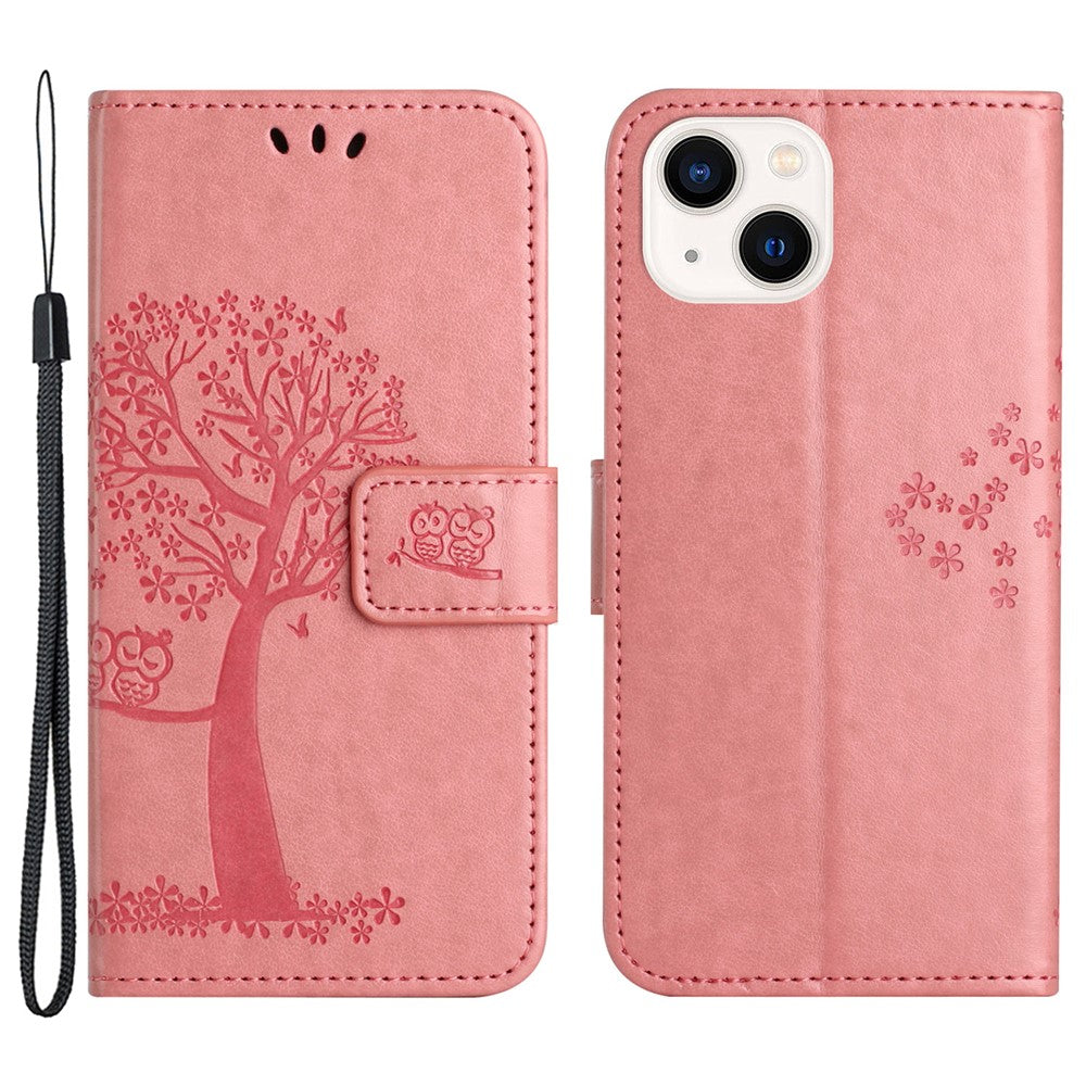 For iPhone 15 Plus Stand Wallet Phone Cover PU Leather + TPU Owl Tree Imprinted Case