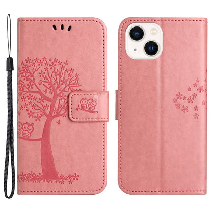 For iPhone 15 Plus Stand Wallet Phone Cover PU Leather + TPU Owl Tree Imprinted Case