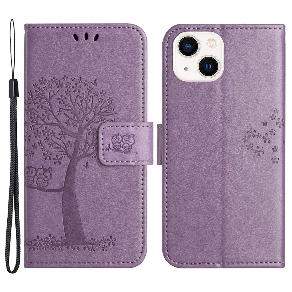 For iPhone 15 Plus Stand Wallet Phone Cover PU Leather + TPU Owl Tree Imprinted Case