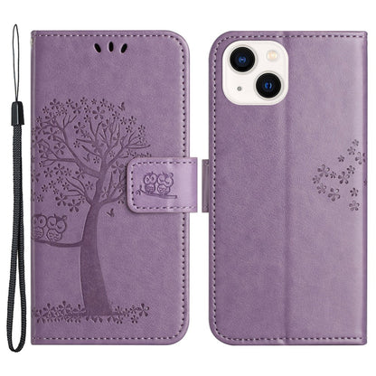For iPhone 15 Plus Stand Wallet Phone Cover PU Leather + TPU Owl Tree Imprinted Case