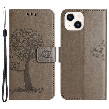 For iPhone 15 Plus Stand Wallet Phone Cover PU Leather + TPU Owl Tree Imprinted Case