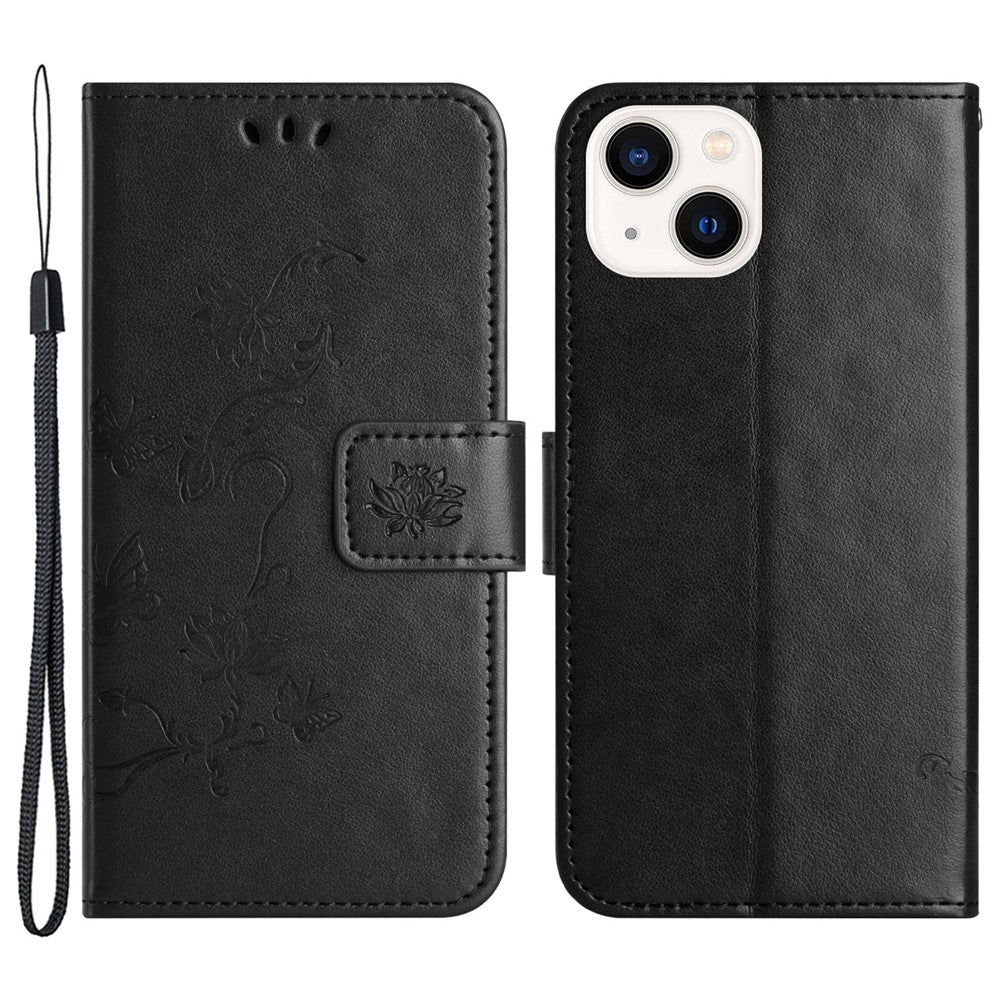 Wallet Stand Phone Case for iPhone 15 Plus , Butterfly Flower Imprinted PU Leather Phone Cover