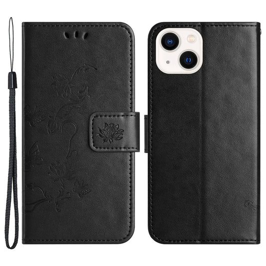 Wallet Stand Phone Case for iPhone 15 Plus , Butterfly Flower Imprinted PU Leather Phone Cover