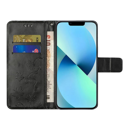 Wallet Stand Phone Case for iPhone 15 Plus , Butterfly Flower Imprinted PU Leather Phone Cover