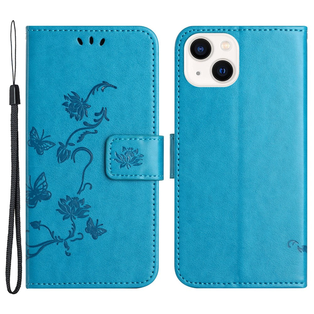 Wallet Stand Phone Case for iPhone 15 Plus , Butterfly Flower Imprinted PU Leather Phone Cover