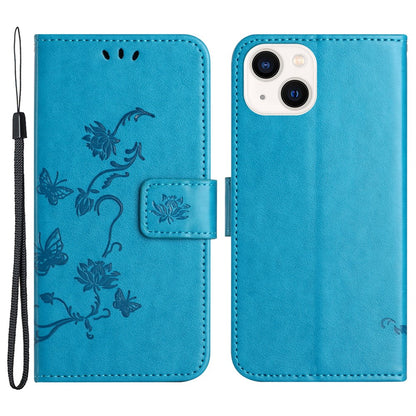 Wallet Stand Phone Case for iPhone 15 Plus , Butterfly Flower Imprinted PU Leather Phone Cover