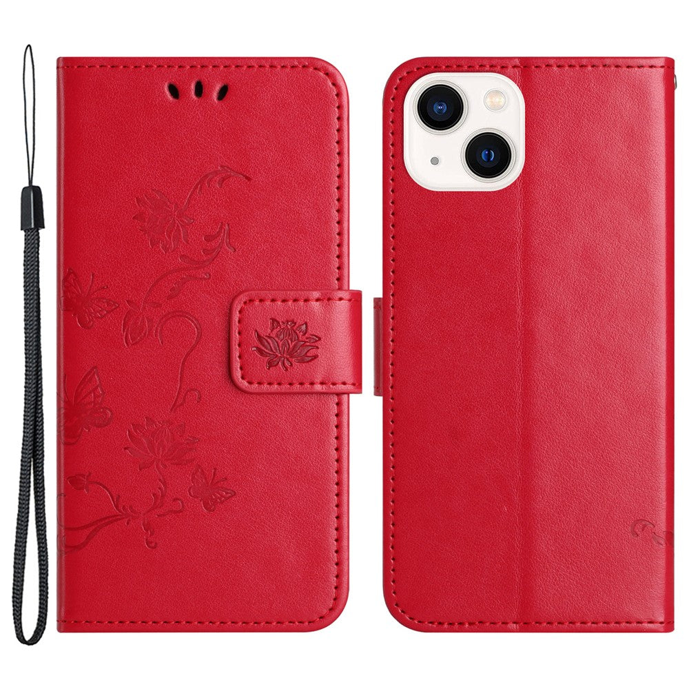 Wallet Stand Phone Case for iPhone 15 Plus , Butterfly Flower Imprinted PU Leather Phone Cover