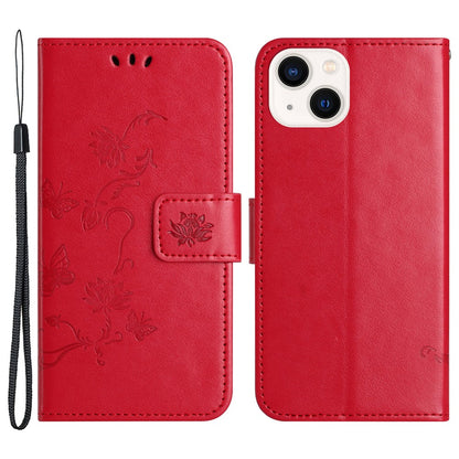 Wallet Stand Phone Case for iPhone 15 Plus , Butterfly Flower Imprinted PU Leather Phone Cover