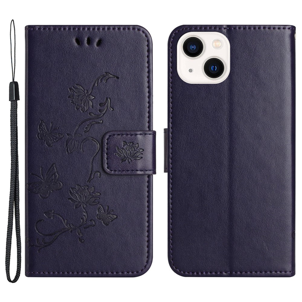 Wallet Stand Phone Case for iPhone 15 Plus , Butterfly Flower Imprinted PU Leather Phone Cover